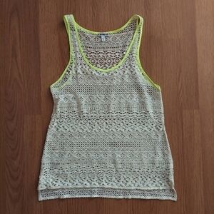Express crochet tank top ivory with neon lime green trim size small